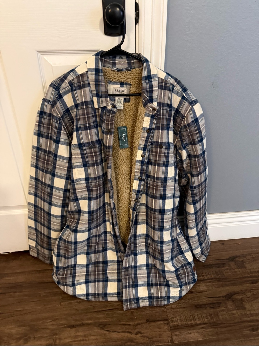 L.L. Bean Blue and Cream Plaid Sherpa-Lined Shirt Jacket
